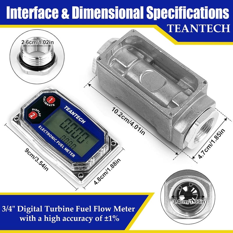 TEANTECH Turbine Flow Meter 3/4" inch Digital LCD Display with NPT Counter Oil Flowmeter Kerosene Diesel Fuel Flow for Measure Diesel Kerosene Gasoline - Image 2